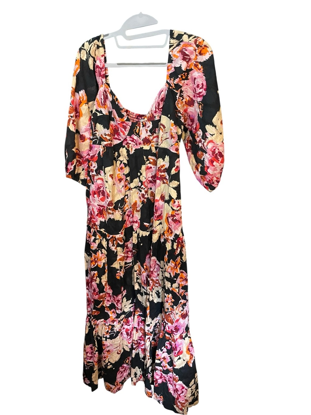 Anthropologie Black Maxi Dress with Pink & Peach Floral Print